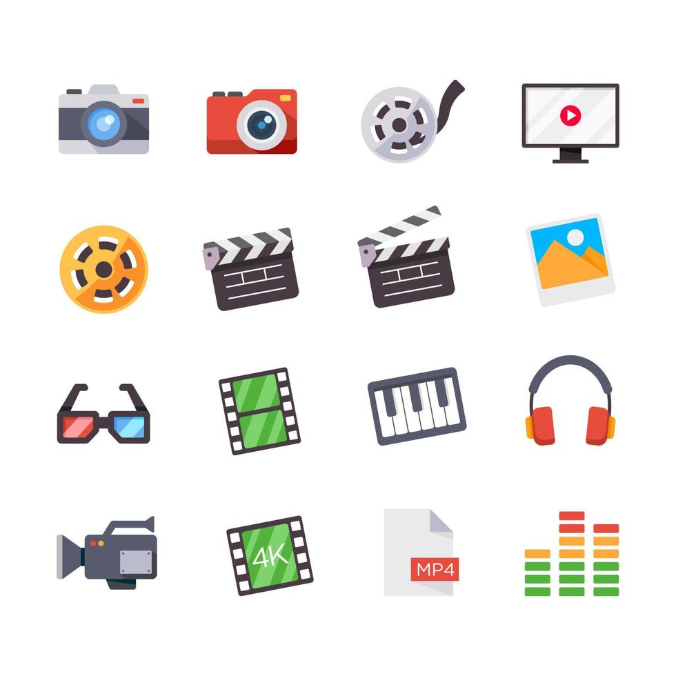 Multimedia icon set. Suitable for design element for multimedia device, film making, and audio video technology. Vector icon set of multimedia.