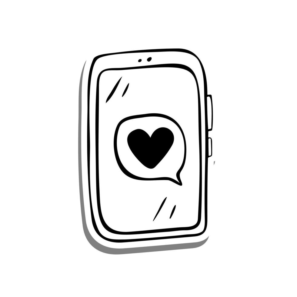 Doodle Line Smart Phone with Heart on white silhouette and gray shadow. Vector illustration Valentine Theme for decoration or any design.