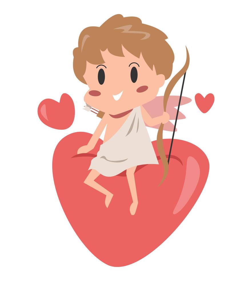 lindo cupido está sentado en el símbolo del corazón flotante. sosteniendo un arco. personaje animado. aislado sobre fondo blanco. concepto de amor, romance, etc. pegatina, tarjeta. ilustración vectorial en estilo plano. vector