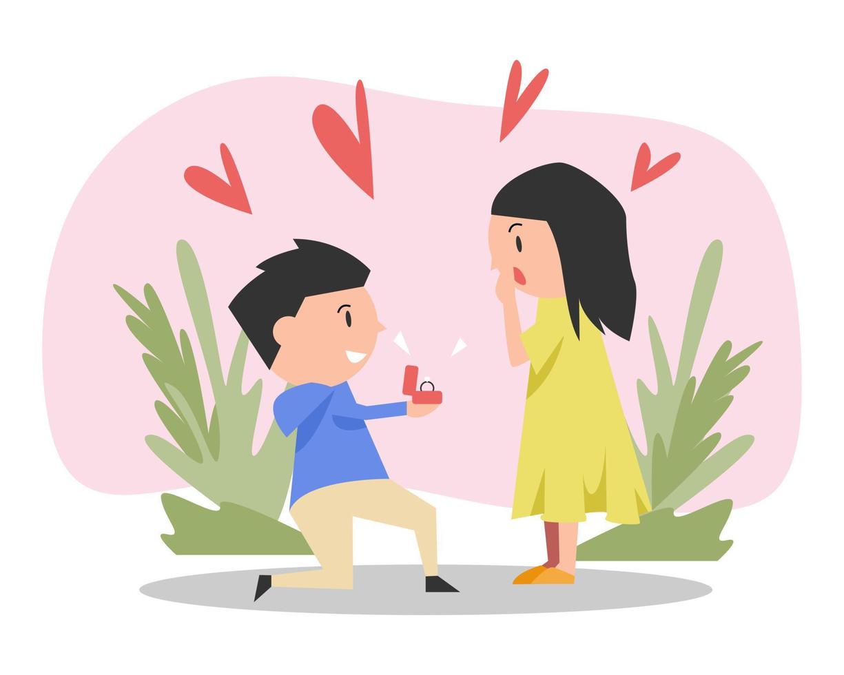 man proposes to woman. give a wedding ring. cute cartoon character. leaves, grass, hearts background. concept of love, marriage, couple. greeting card, sticker, print. flat vector illustration.