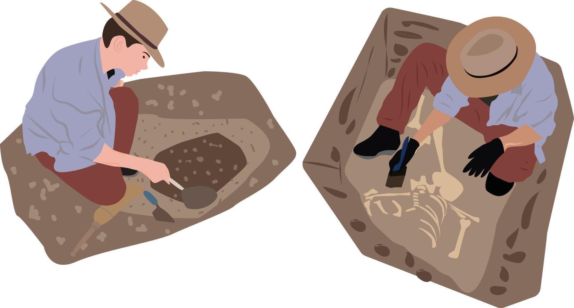 arqueólogo sentado en el suelo y barriendo la suciedad del hueso del esqueleto usando cepillo, personaje científico de paleontología que trabaja en excavaciones con artefactos históricos ilustraciones vectoriales planas vector