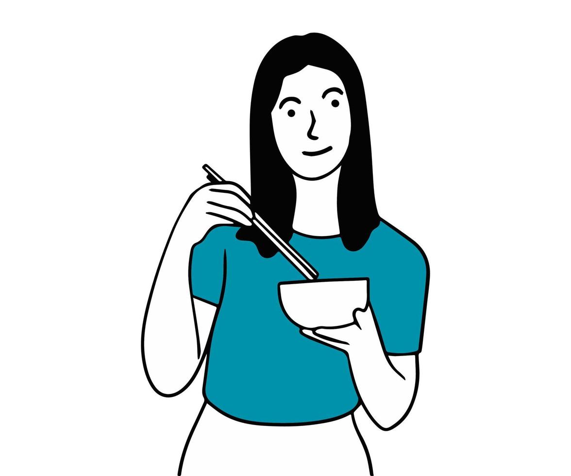 mujer con plato de comida japonesa dibujado a mano ilustración vector