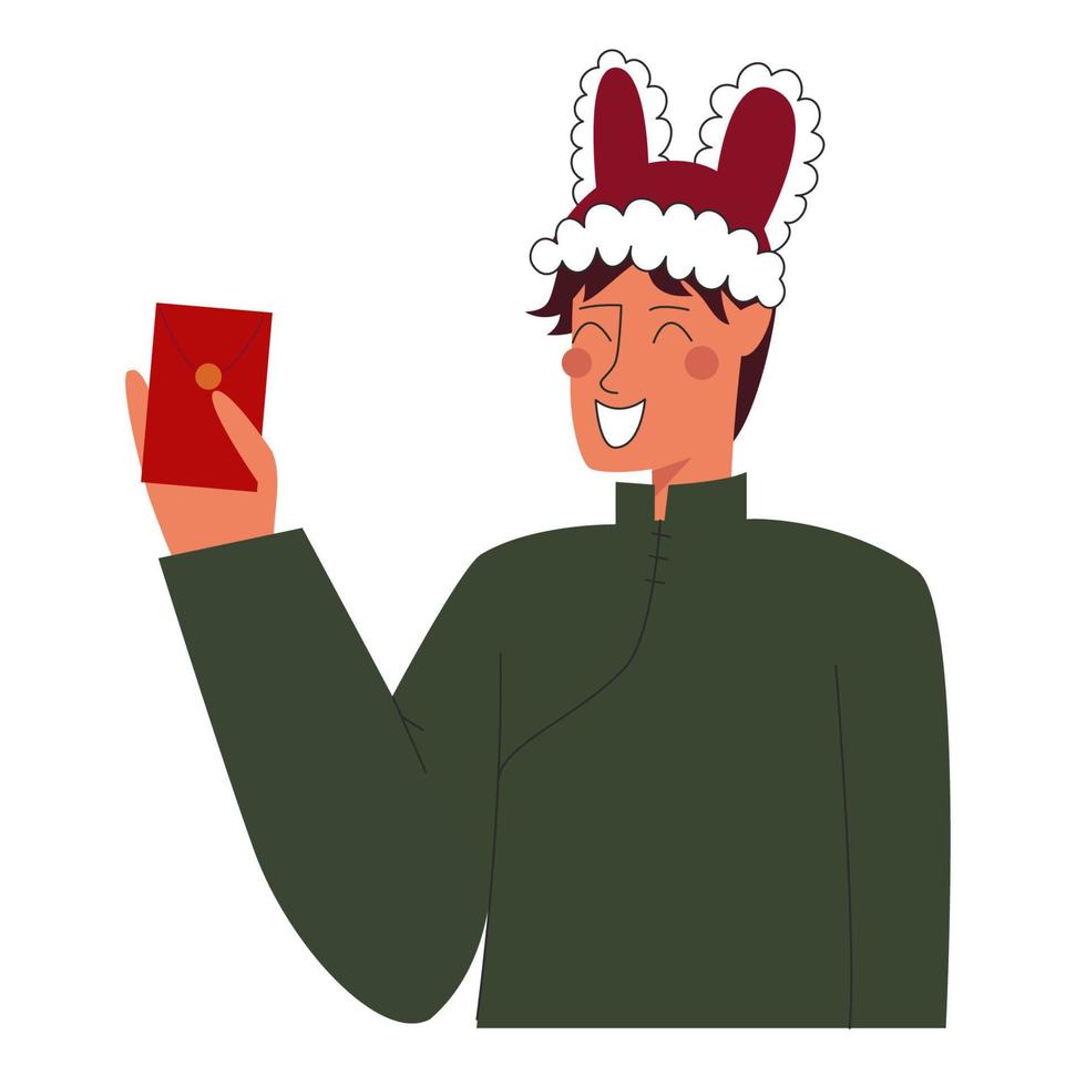 Happy man in green asian clothes and red rabbit hat - symbol of year smile and holding red envelope in hand. Vector stock illustration isolated on white background in flat style