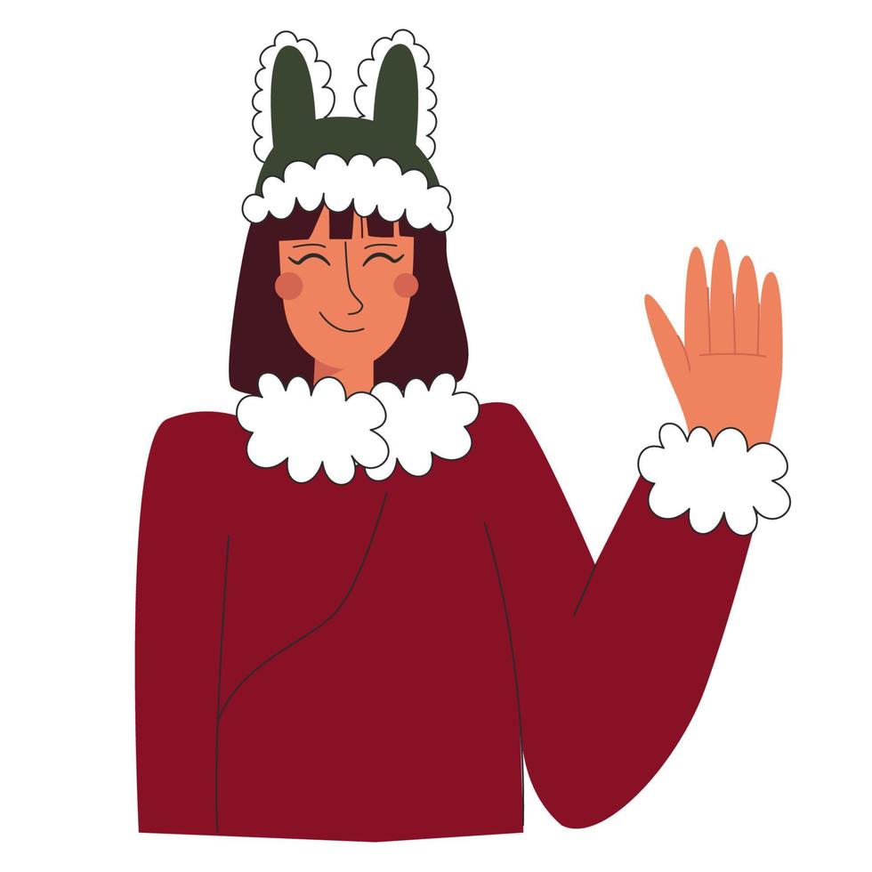 Happy girl in red asian clothes and green rabbit hat - symbol of year smile and wave hand. Vector stock illustration isolated on white background in flat style