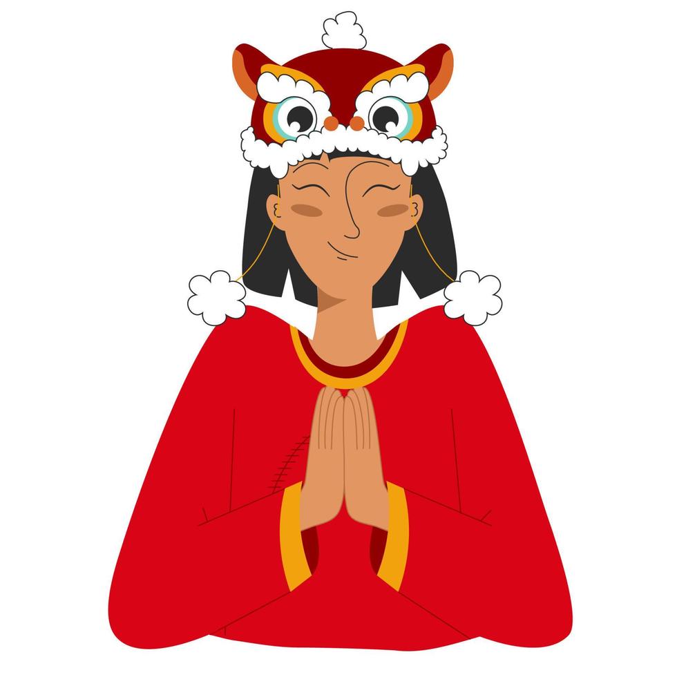personaje de niña feliz con ropa tradicional china y sombrero de león en pose de oración. diseño de personaje. ilustración de stock vectorial aislada en fondo blanco vector