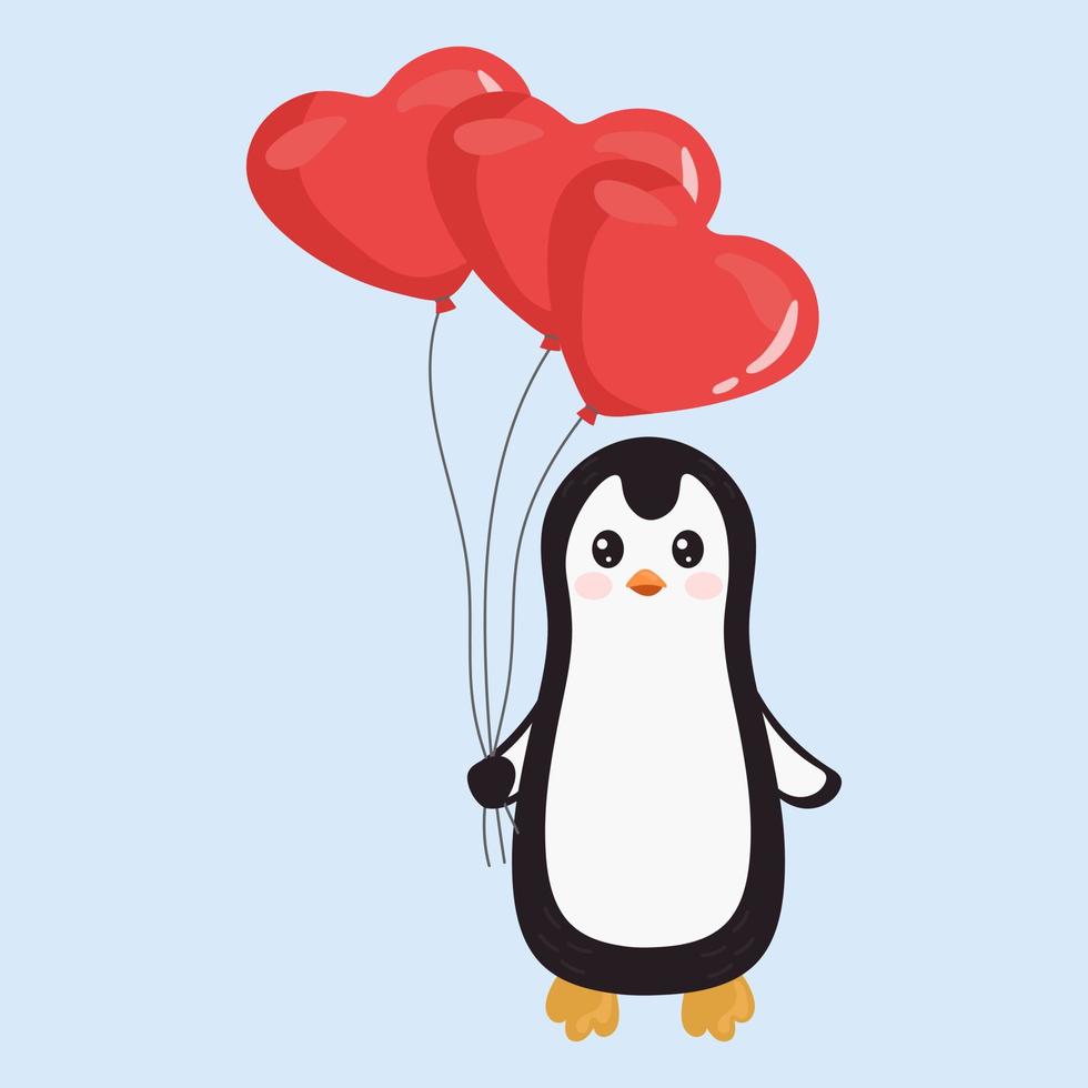 lindo pingüino de dibujos animados con globos. feliz tarjeta de felicitación del día de san valentín. ilustración para carteles, tarjetas de felicitación y diseño de temporada. vector