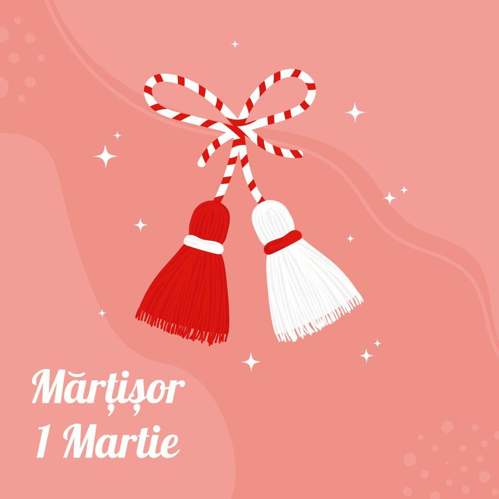 Martisor talisman isolated on pink background. Traditional accessory for holiday of early spring in Romania and Moldova. Red and White spring symbol. vector