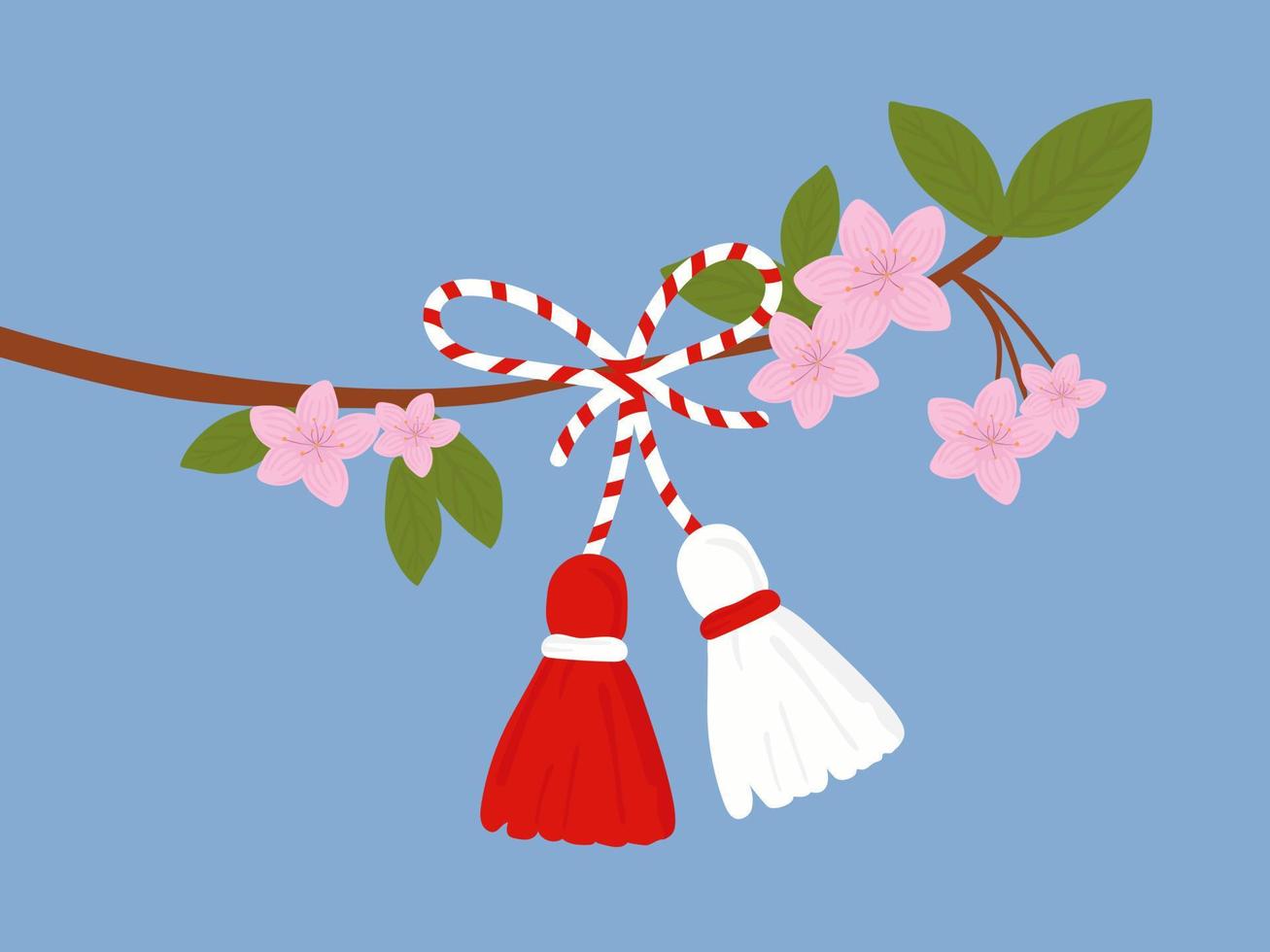 martisor talismán en una rama. accesorio tradicional para las vacaciones de principios de primavera en rumania y moldavia. símbolo de primavera rojo y blanco. vector