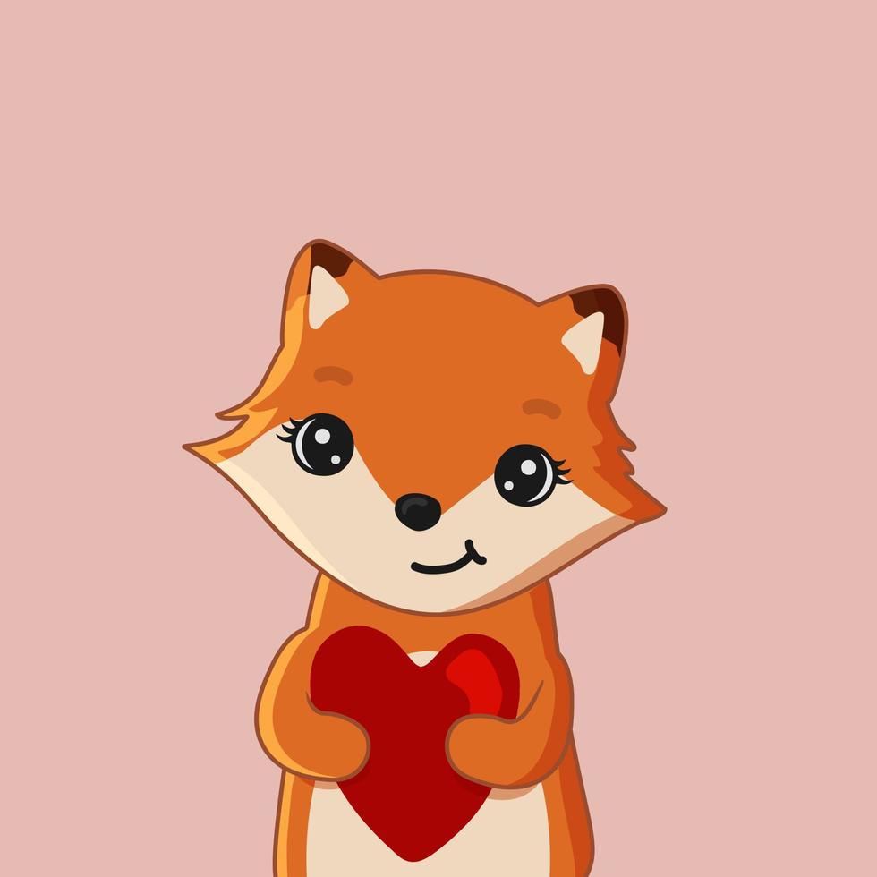 Cute cartoon fox holding heart. Be my Valentine greeting card. Vector illustration.