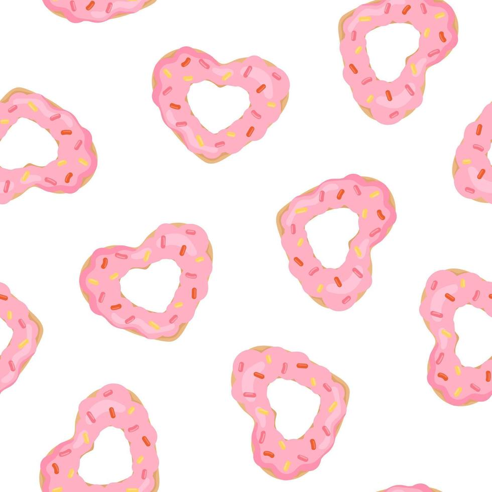 Seamless pattern with cartoon heart shaped donut. Background for wrapping paper, textile, posters, cards. Happy Valentine's day. vector