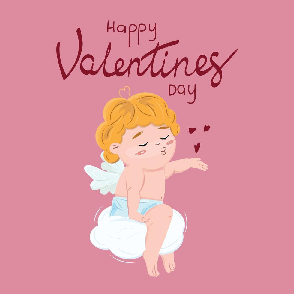 lindo cupido besando feliz sentado en la nube. feliz dia de san valentin. para pancartas, tarjetas, anuncios web, fondos. vector