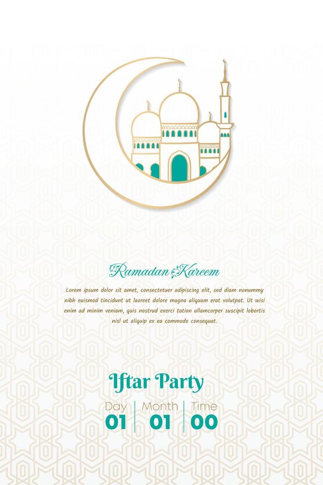 White and gold islamic background with line art of crescent moon and mosque for ramadan design vector