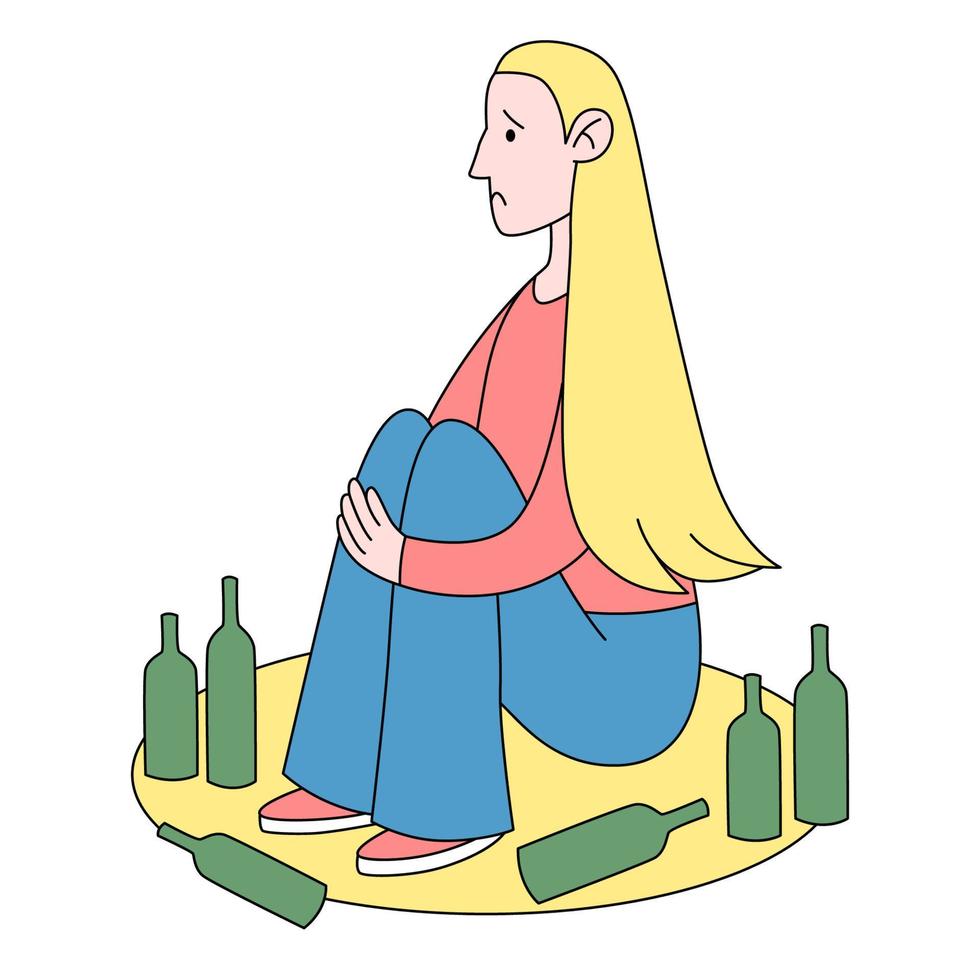 Sad teen girl with a bottle of wine. A young woman and alcohol. Alcohol abuse, excess and addiction. Vector flat cartoon illustration.