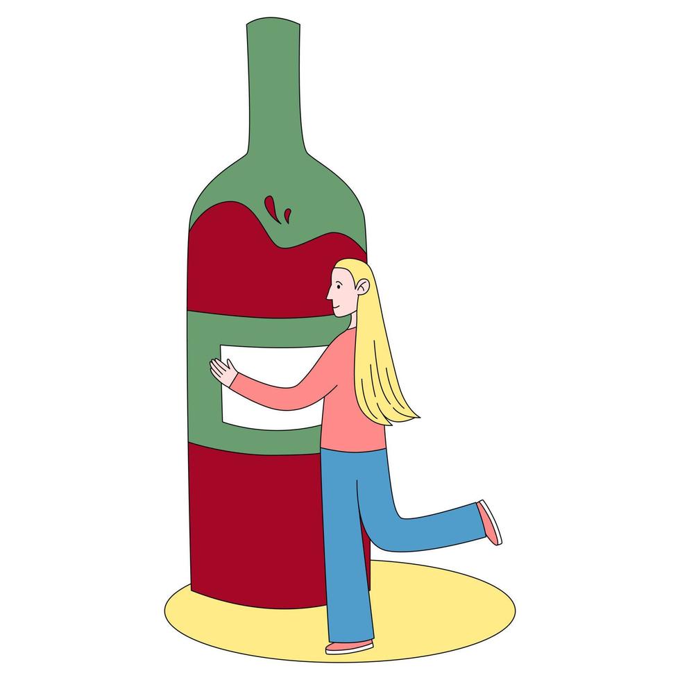 Sad teen girl hugs a bottle of wine. A young woman and alcohol. Alcohol abuse, excess and addiction. Vector flat cartoon illustration.