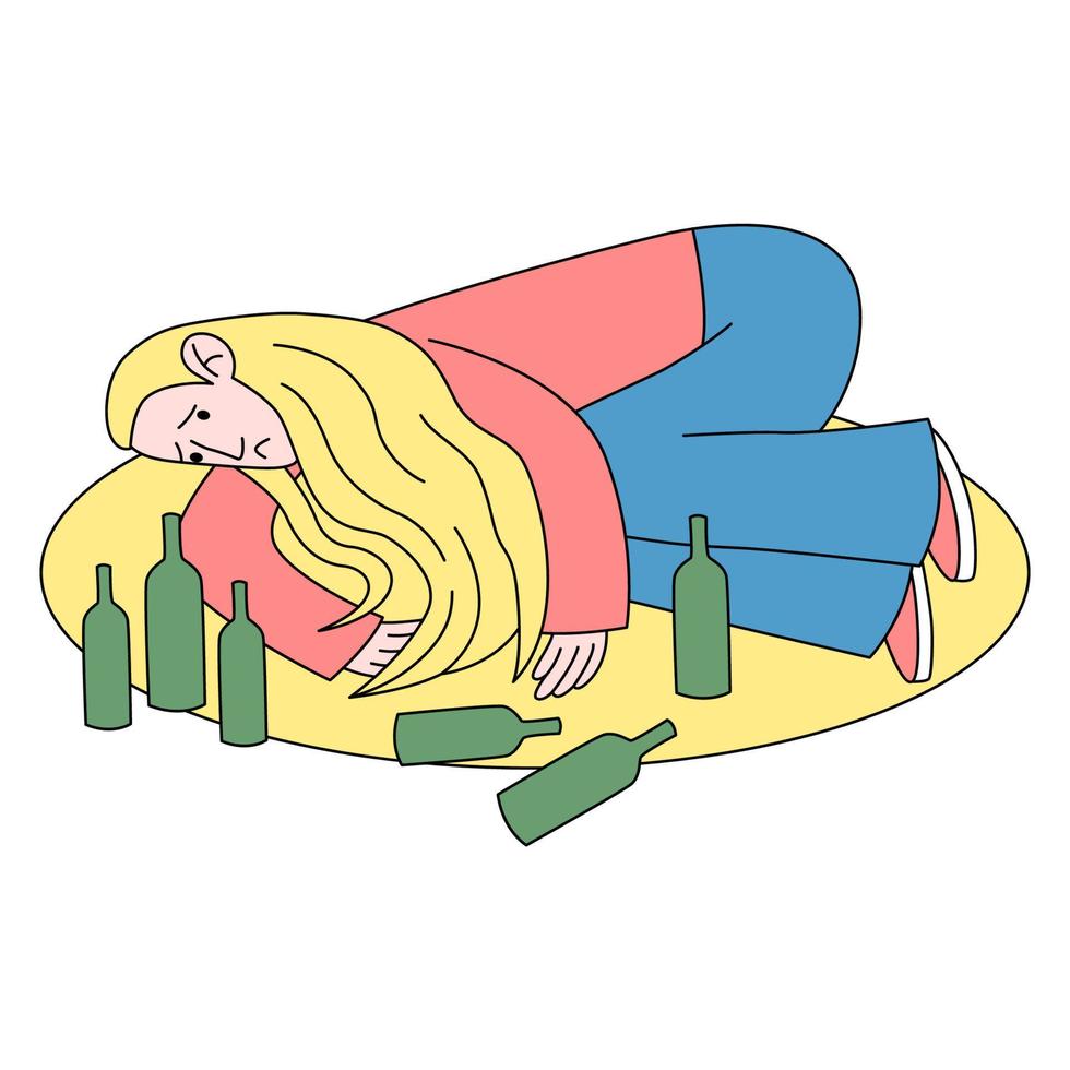 Sad teen girl with a bottle of wine. A young woman and alcohol. Alcohol abuse, excess and addiction. Vector flat cartoon illustration.