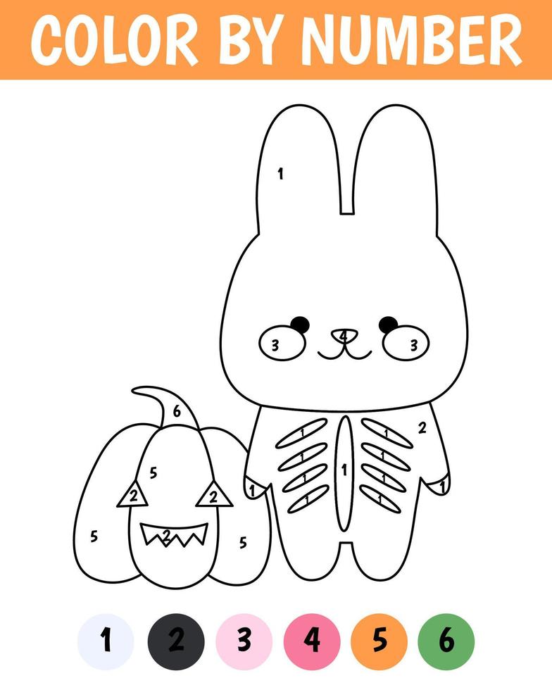 Color by number game for kids. Happy rabbit with pumpkin. Cute kawaii bunny. Halloween concept. Printable worksheet with solution for school and preschool. Learning numbers activity. vector