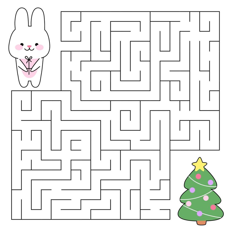 Maze game for kids. Happy new year. Cute rabbit with gift looking for a way to the christmas tree. Bunny is a symbol of the year 2023. Printable worksheet. Vector cartoon illustration for christmas.