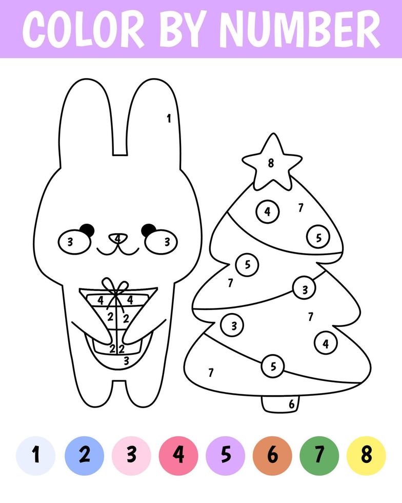 Color by number game for kids. Kawaii rabbit with gift and christmas tree. Bunny is a symbol of the year 2023. Printable worksheet with solution for school and preschool. Learning numbers activity. vector