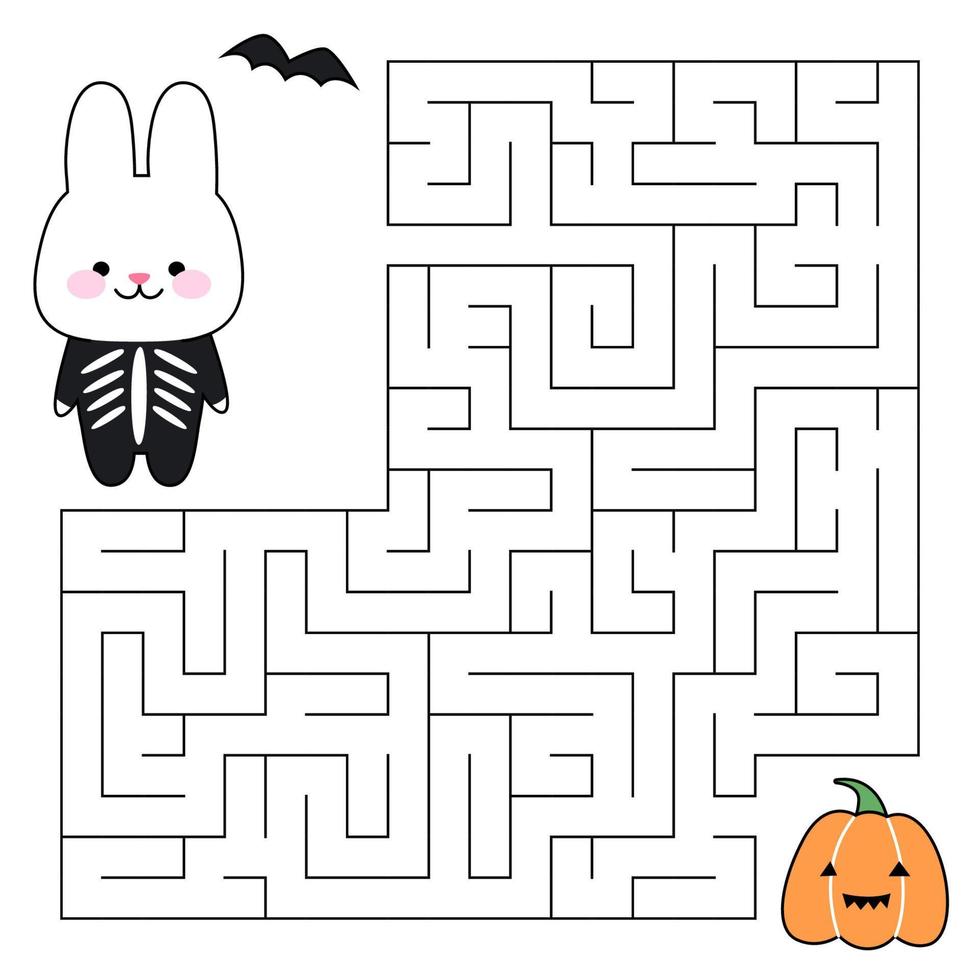 Maze game for kids. Cute rabbit looking for a way to the pumpkin. Bunny is a symbol of the year 2023. Printable worksheet. Vector cartoon illustration for halloween.