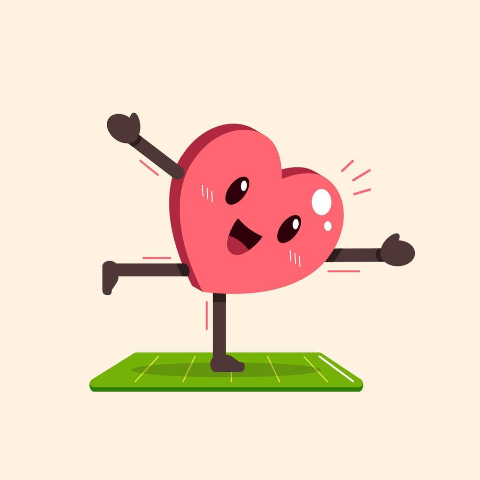 Cartoon heart character exercising on yoga mat vector