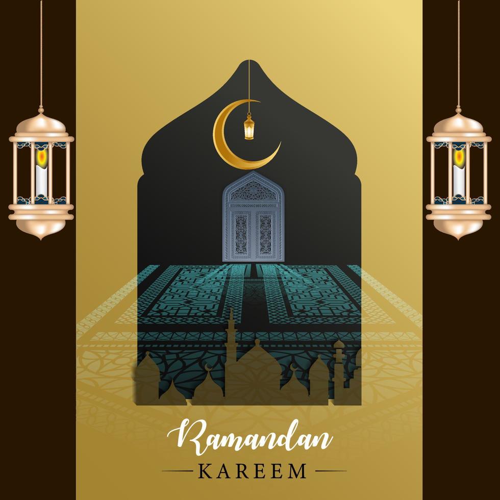 diseño de tarjeta de felicitación de ramadan kareem con caligrafía islámica de arte mandala, afiche islámico de ramadan 'fondo de ramadan kareem con hermosos faroles minero de mezquita y pancarta árabe islámica. vector