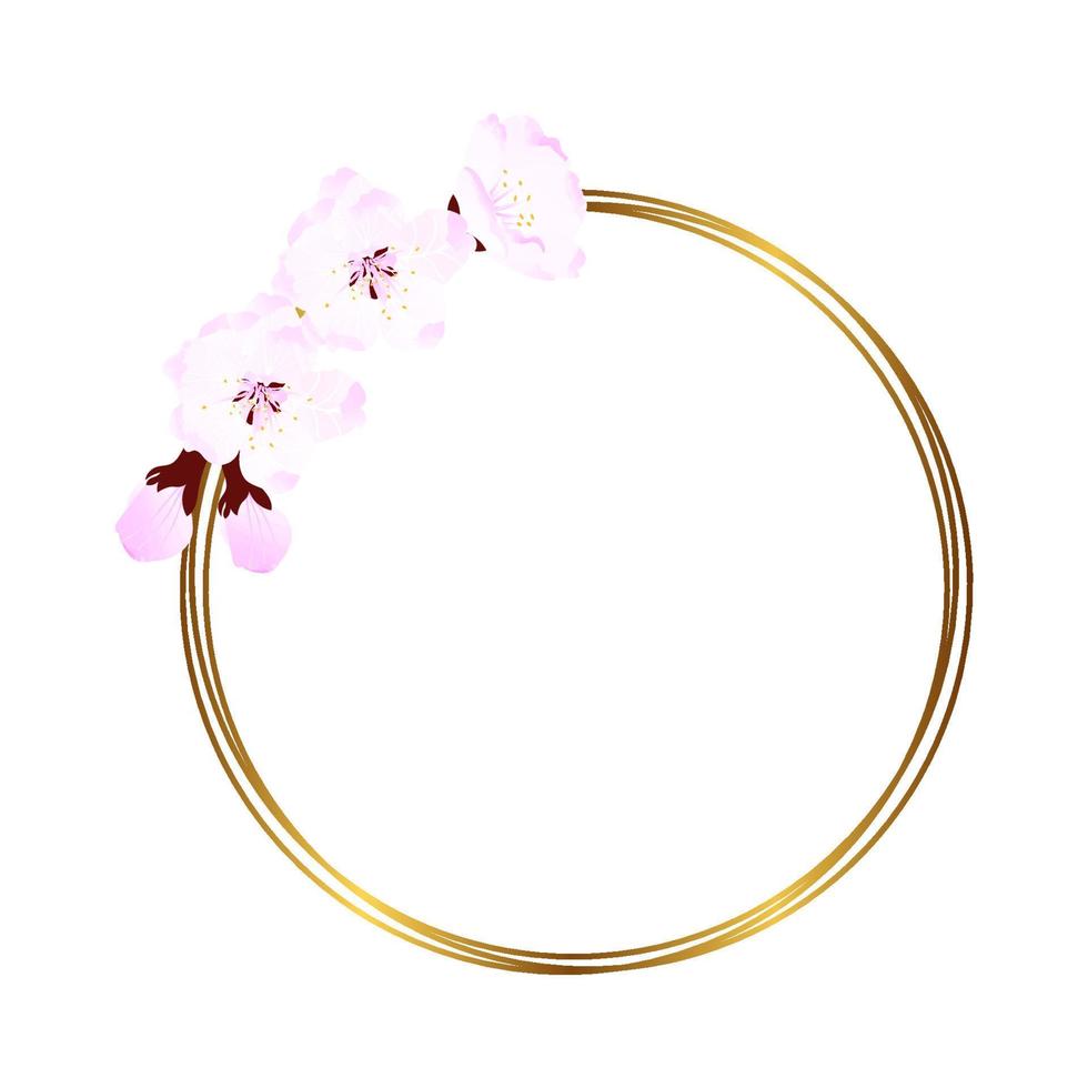 marco de flores rosas, flor de cerezo, sakura en anillos de oro. tarjeta de invitaciones, guardar la fecha, celebrar el fondo. vector aislado pintura arte
