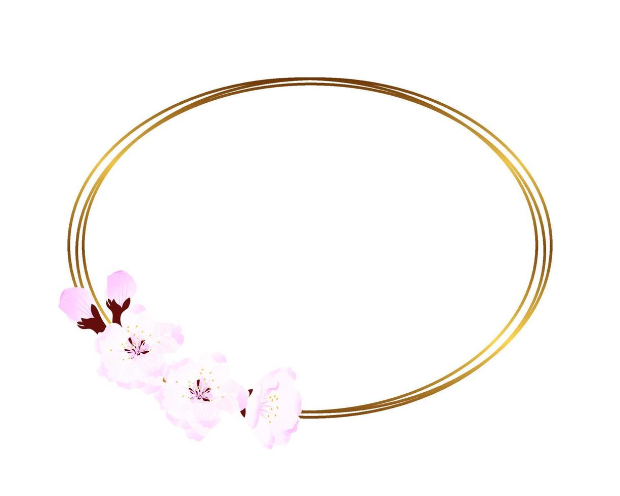 Watercolor frame with soft pink cherry blossom and Golden oval. For wedding design, textiles, ceramics, invitations, greetings, packaging, scrapbooking vector