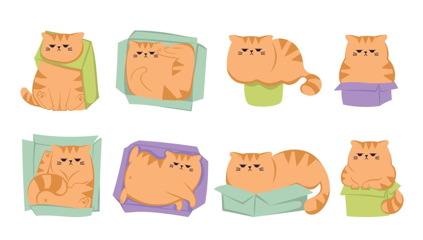 The collection of cute funny grumpy ginger cat in the paper box cartoon. Cats sitting, sleeping and playing in cardboard box. Cute funny cat character in different poses with box vector