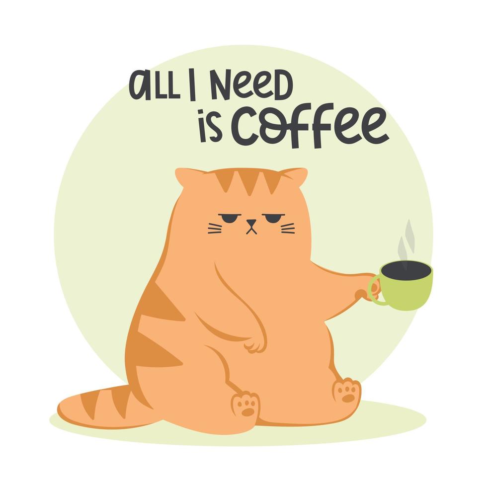 Grumpy  fummy ginger  cat with a cup of coffee. All I need is coffee quote vector