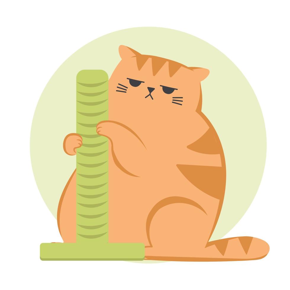 Cute funny grumpy ginger cat. Cat sits on the scratching post. Cute funny cartoon cat character in different poses. vector