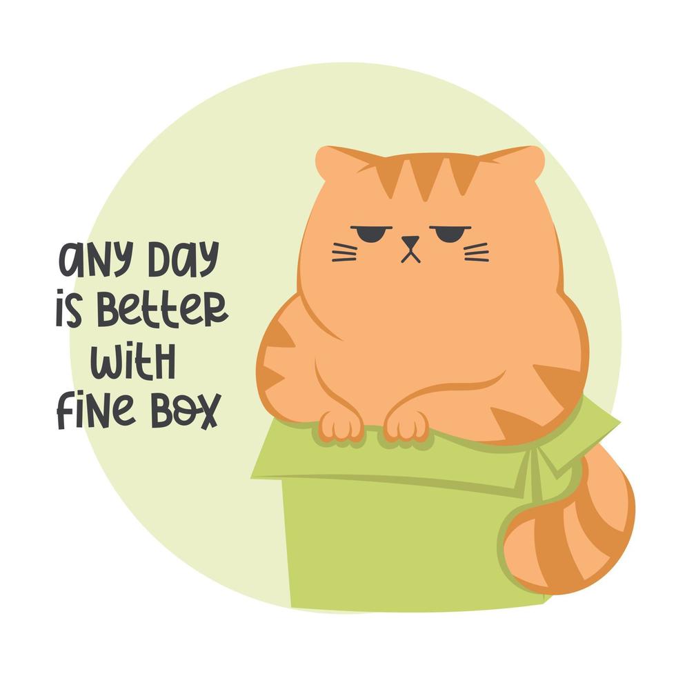 Cute funny grumpy ginger cat in the paper box. Cats sitting, sleeping and playing in cardboard box. Cute cartoon character in different poses with box. vector