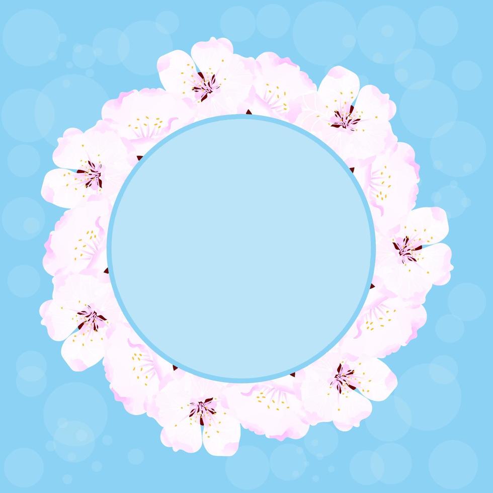 Cherry blossom round label, spring flowers. Retro vector illustration. Place for your text. Design for invitation, banner, card, poster, flyer