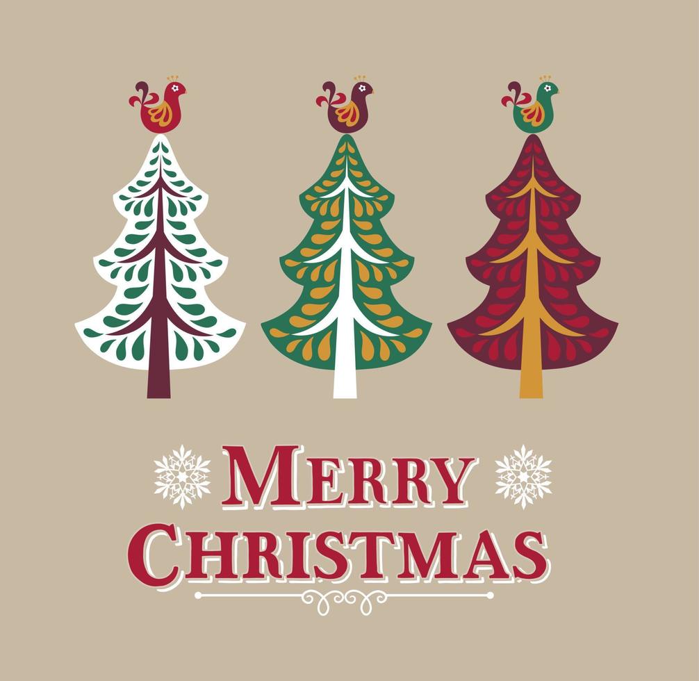 letras de feliz navidad con árboles de navidad y lindos pájaros vector