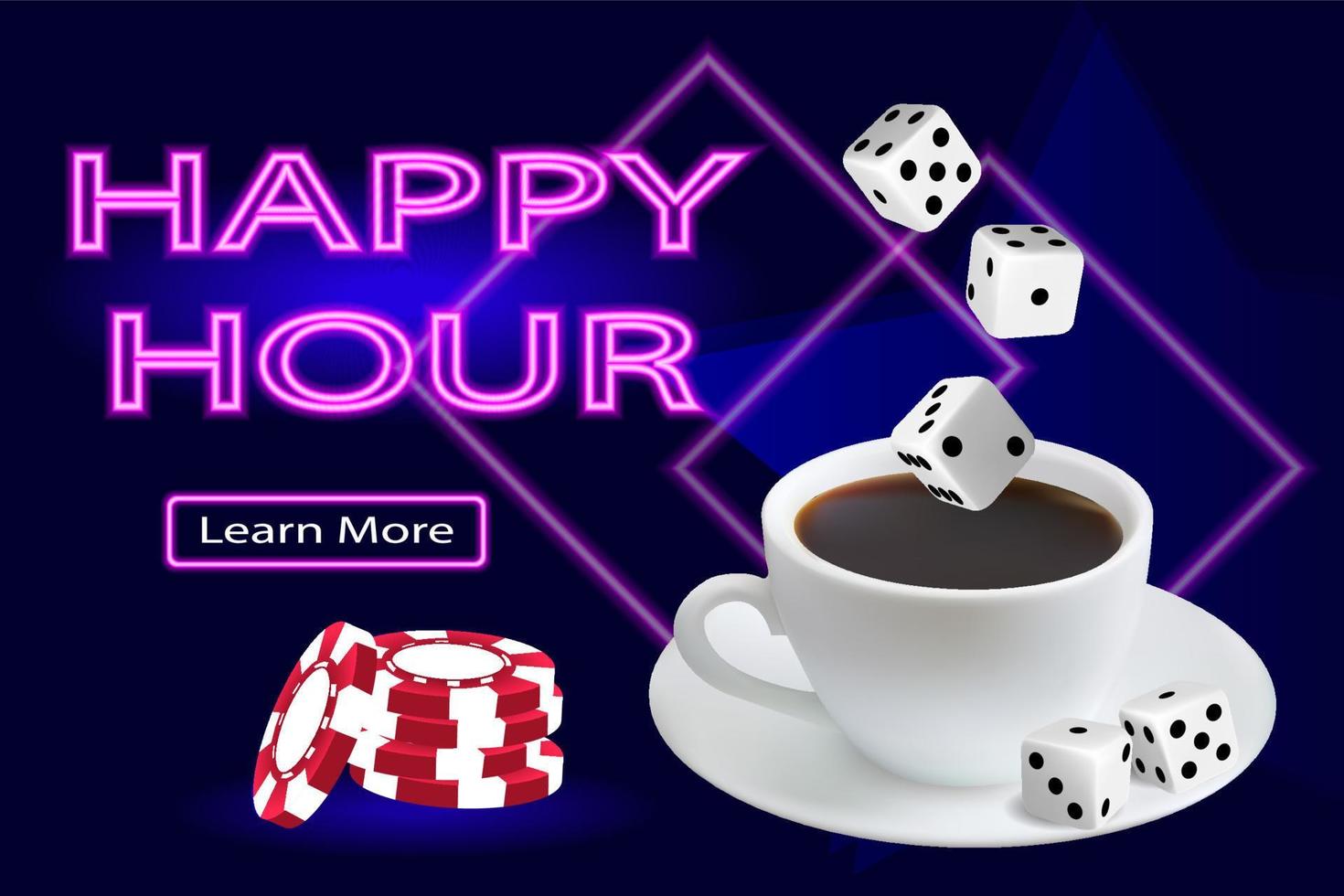 Casino online. banner para el sitio con una taza de café, cubos y una promoción de hora feliz. concepto de juego. imagen vectorial vector