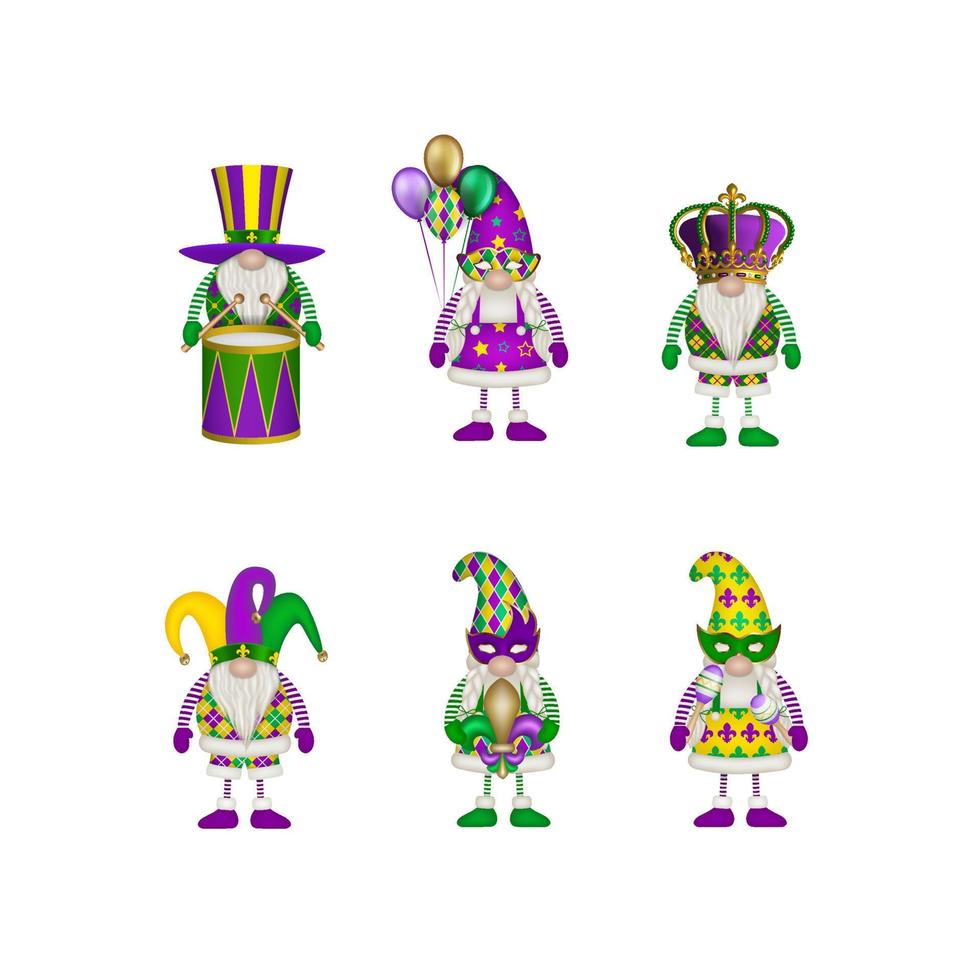 set of mardi gras gnomes. collection of funny gnomes with party elements vector