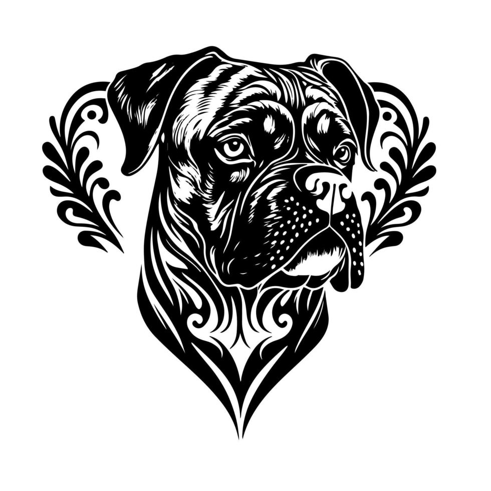 Ornamental dog portrait, Boxer breed. Vector image for logo, emblem, tattoo, embroidery, laser cutting, sublimation.