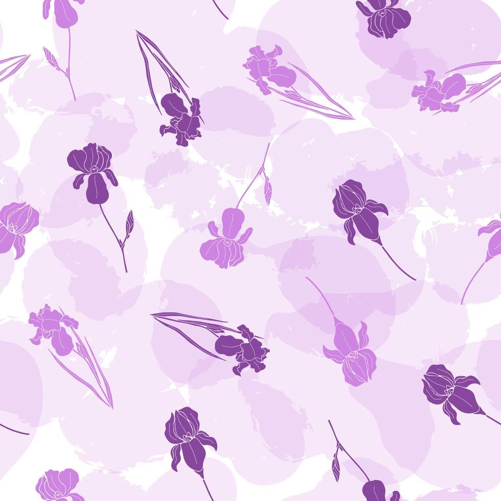 patrón floral transparente con flores de iris y manchas abstractas en colores púrpura vector