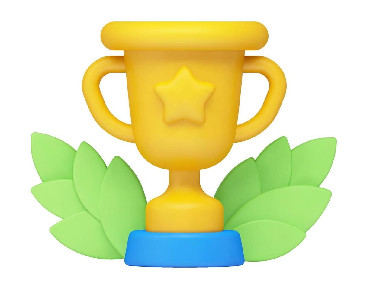 Vector 3d realistic illustration, award, yellow cartoon cup with a star and a laurel wreath