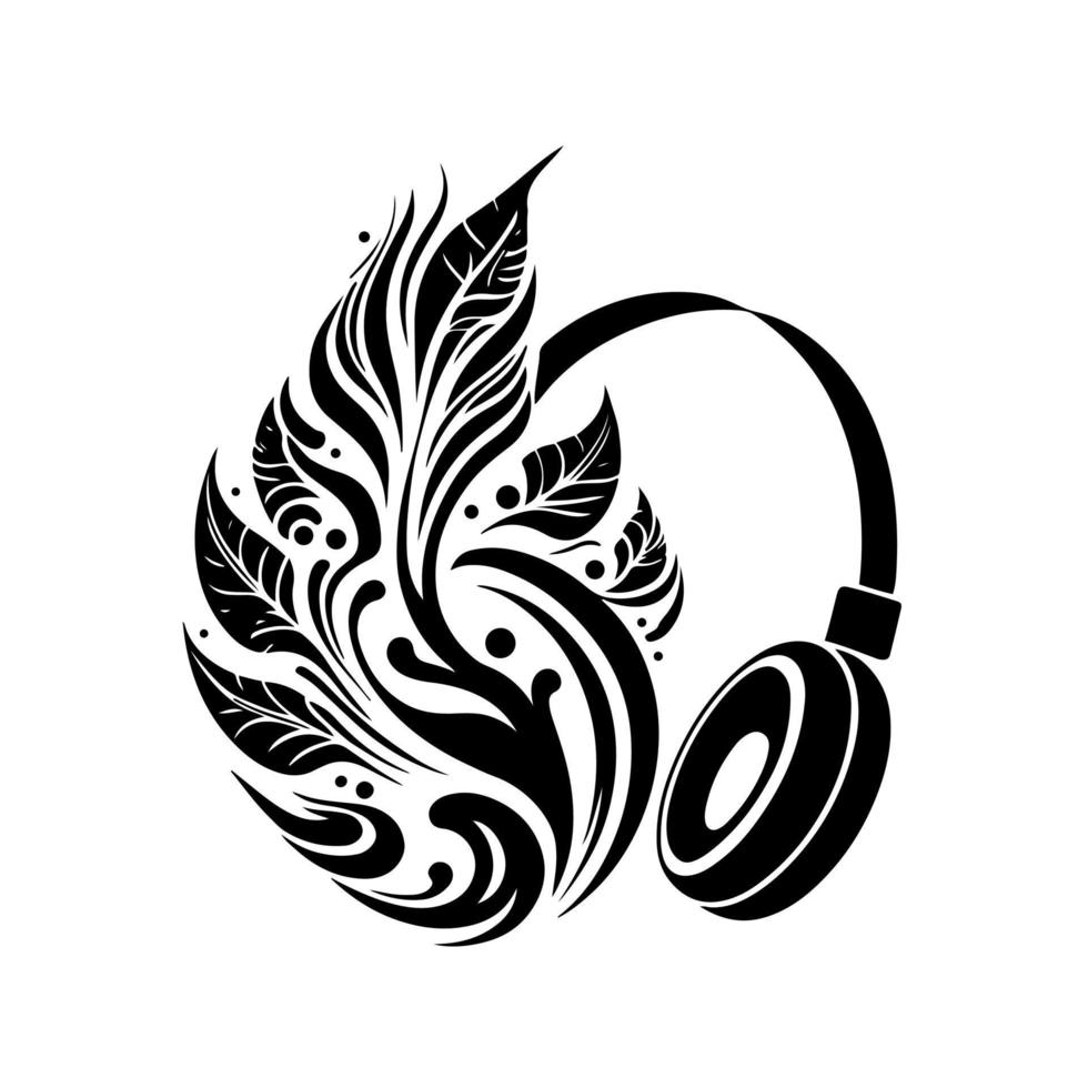 Headphones with ornamental leaves. Vector illustration for, logo, emblem, embroidery, tattoo, laser cutting, sublimation.