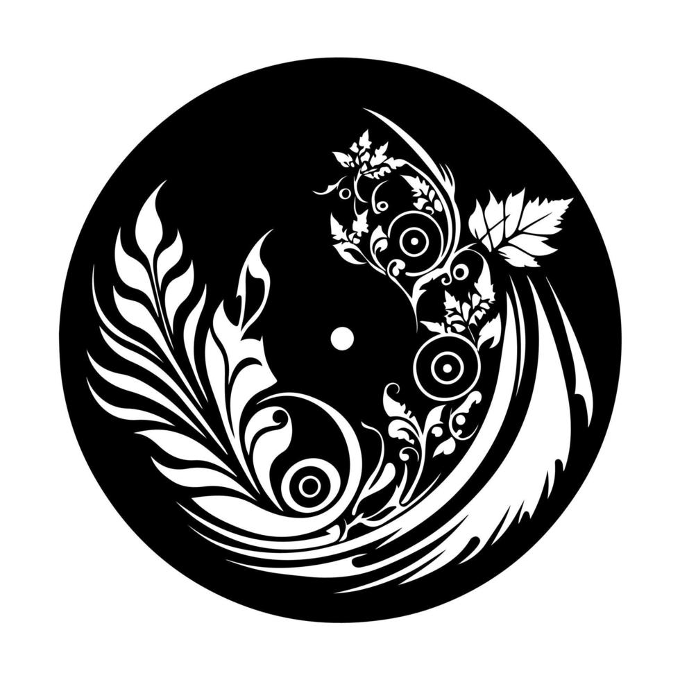 Musical gramophone record with ornaments. Vector image for logo, emblem, embroidery, laser cutting, sublimation.
