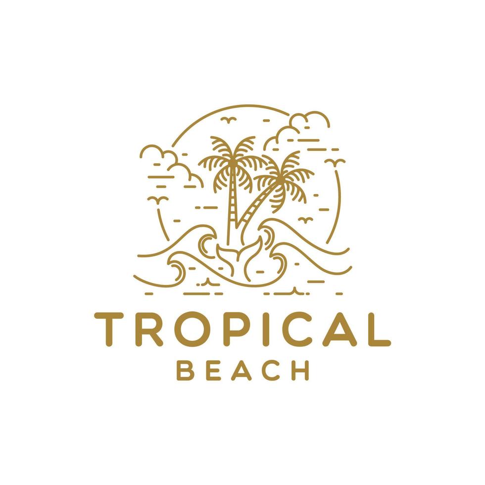 Vector Logo Template with Palm Tree Island. Ocean Waves and Whale Tail Design Vector Illustration