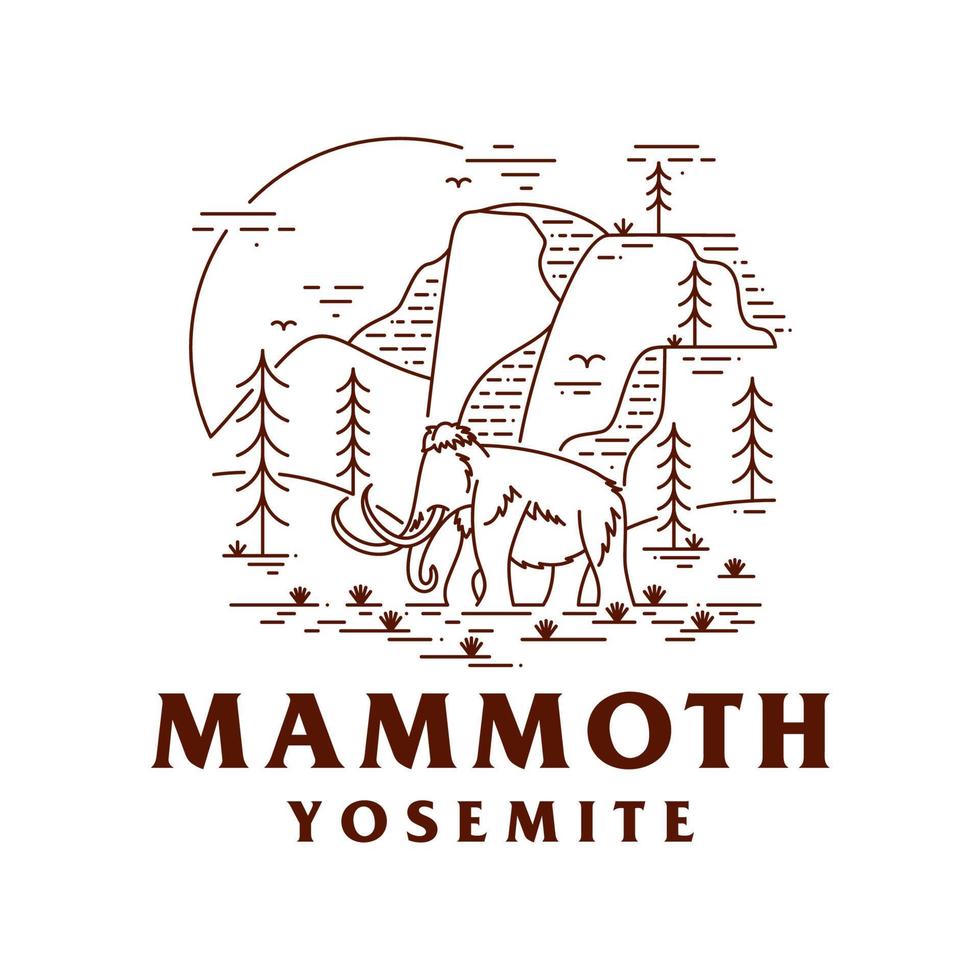 Vector Illustration of Yosemite National Park with Mammoth in mono line style art for badges, emblems, patches, t-shirts, etc.