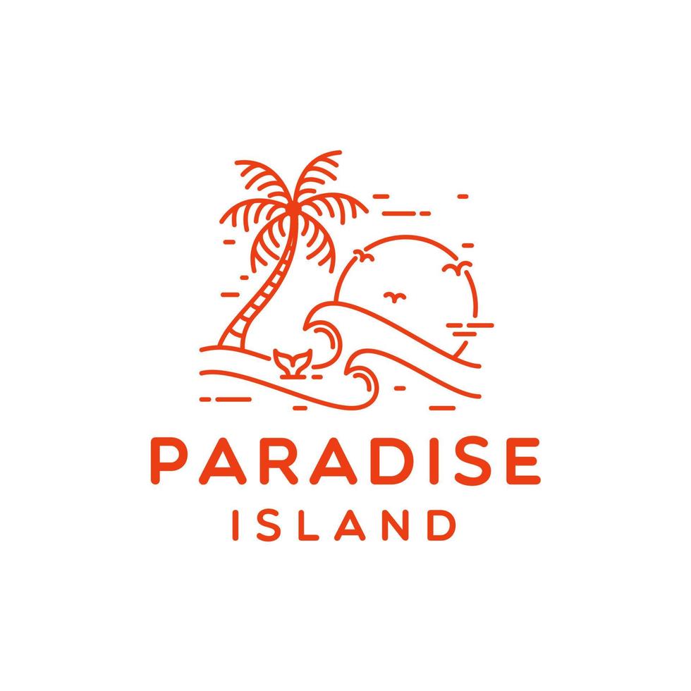 Paradise Island Logo. Ocean Sea Waves with Sunset Background Design Vector