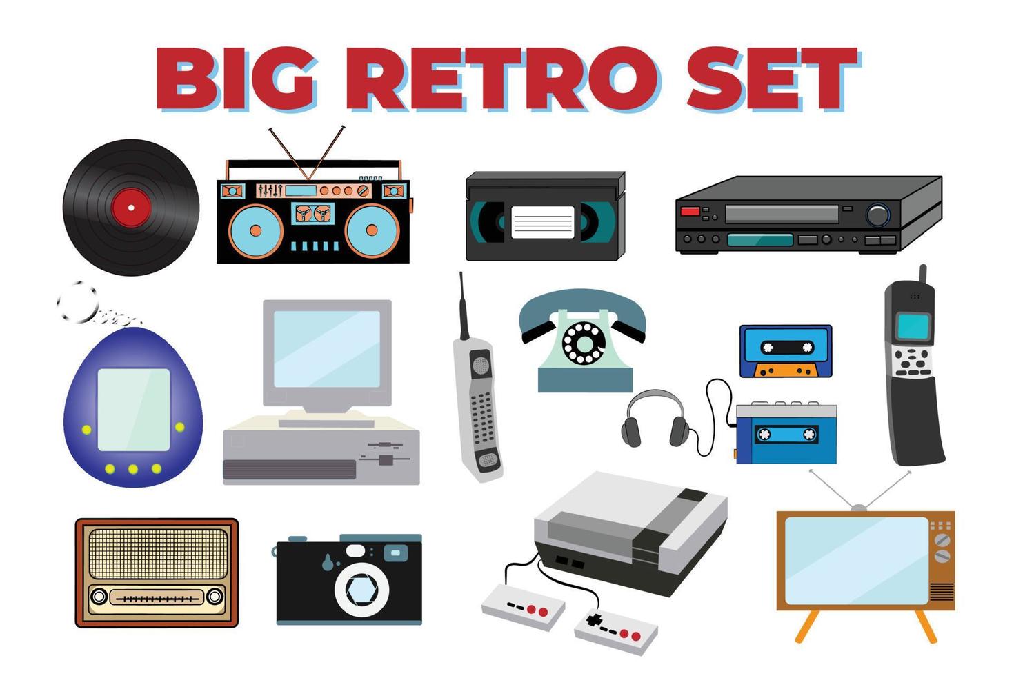 Set of old retro vintage tech electronics cassette audio tape recorder, computer, game consoles for video games from the 70s, 80s, 90s. Vector illustration