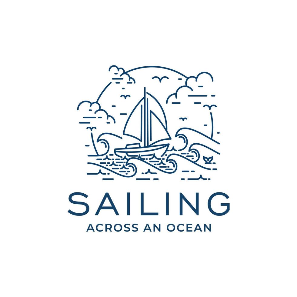 Vector Logo Design with Boat Ship on Sea Ocean Waves with Line Art Style Design