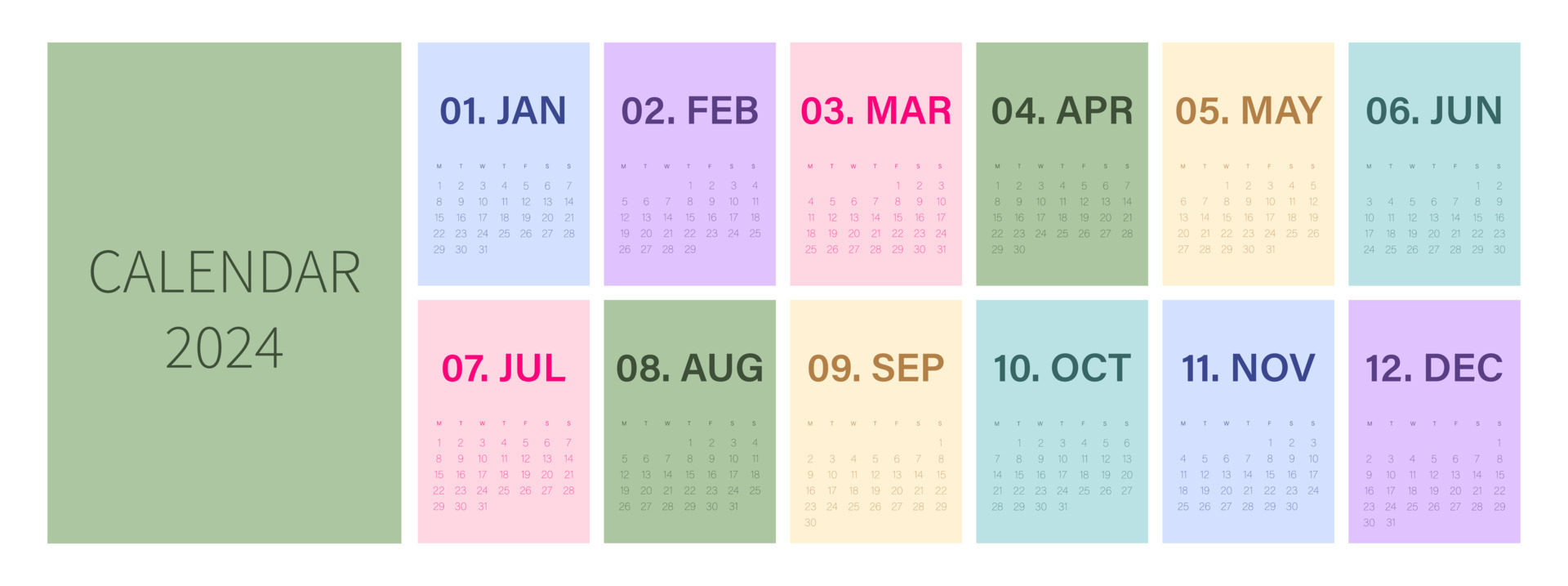 Calendar template for 2024. Simple design with pastel colors. Editable