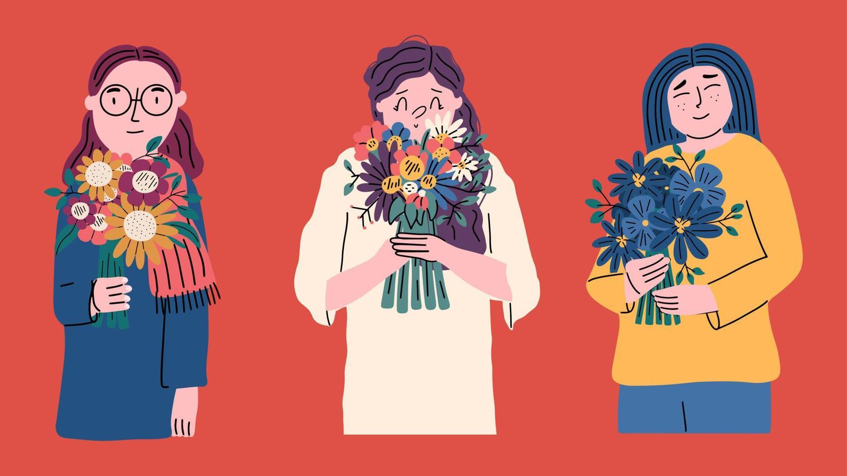 conjunto de mujeres diversas con ramos de flores. colección de elementos. 8 de marzo, día de la madre. diseños para postales, pancartas, carteles. ilustración vectorial dibujada a mano vector