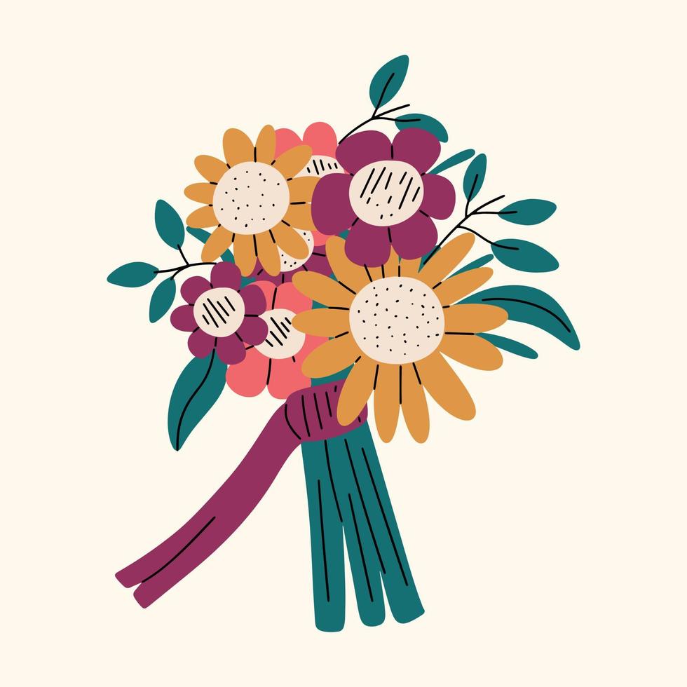 Hand drawn bouquet with different flowers. Design decor element. Vector hand drawn illustration