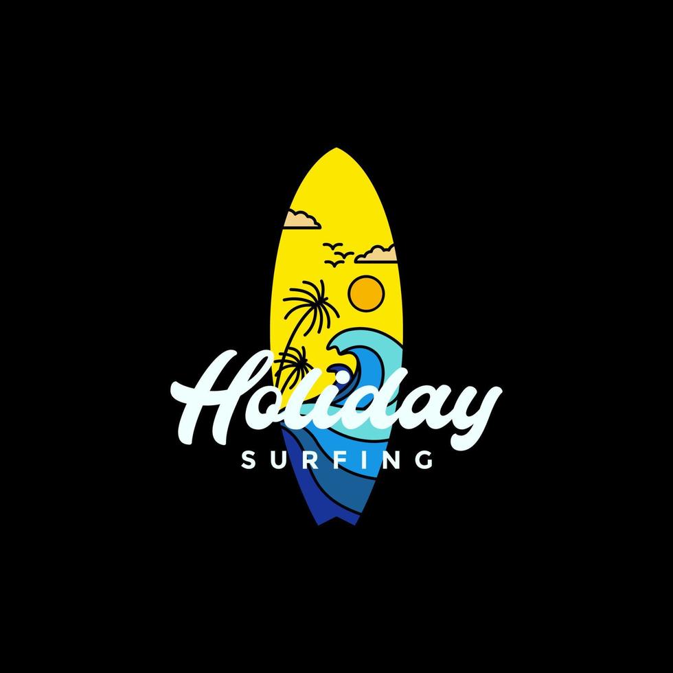 tabla de surf océano ola puesta de sol vacaciones deporte hobby colorido logotipo diseño vector icono ilustración plantilla
