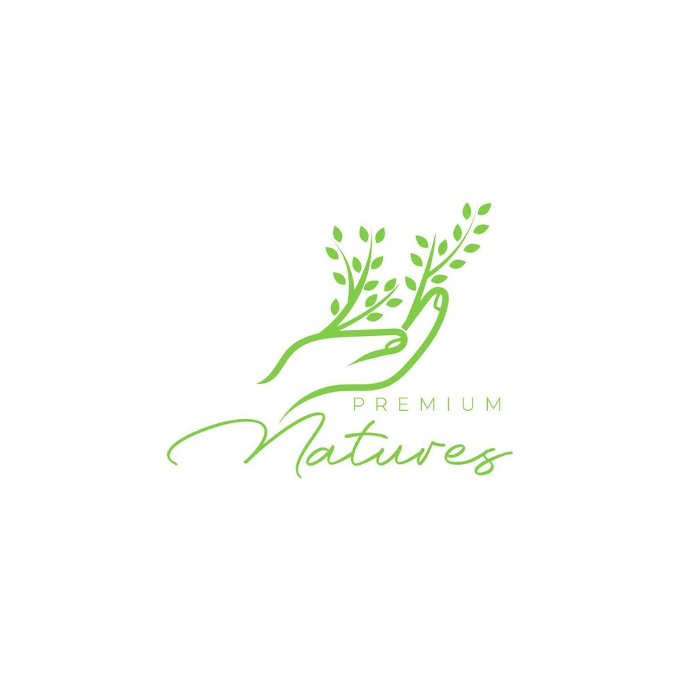 hand give benefit to plant trees nature leaves logo design vector icon illustration template